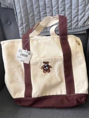 American Eagle Outfitters Cream Canvas Tote with Brown Trim and Teddy Patch